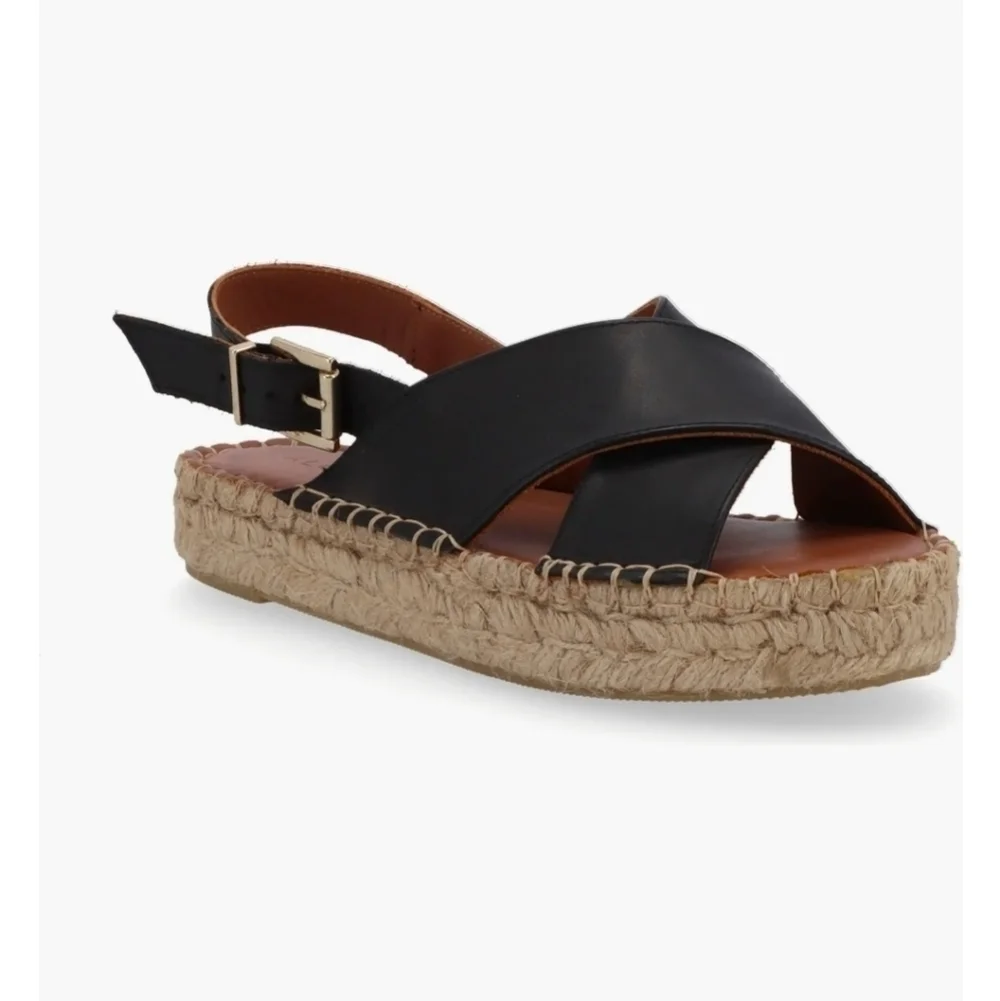 Alohas Crossed Black Leather Espadrilles Sandals Platform Made in Spain Size 36